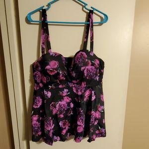 Black & Magenta Floral Torrid Tankini Top 2X